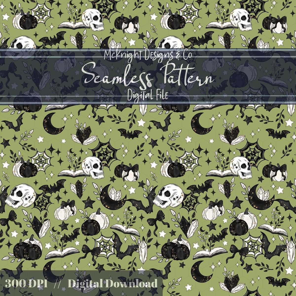 Spooky Bookish Seamless Pattern – Gothic Halloween PNG File (6 Variants) McKnight Designs & Co Seamless Pattern File