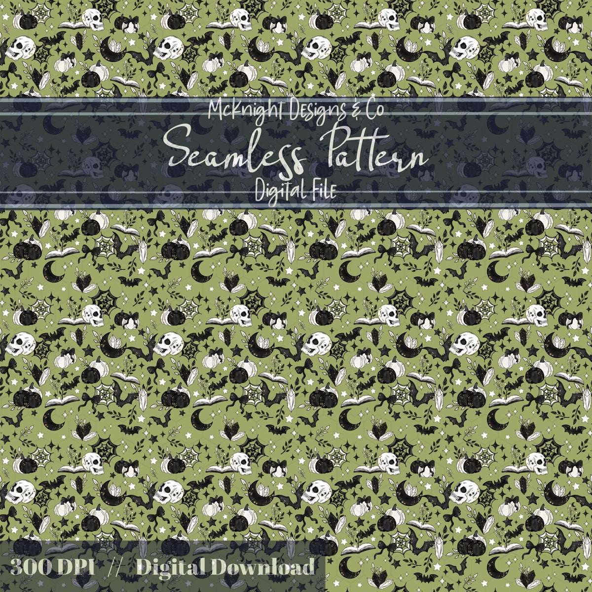 Spooky Bookish Seamless Pattern – Gothic Halloween PNG File (6 Variants) McKnight Designs & Co Seamless Pattern File
