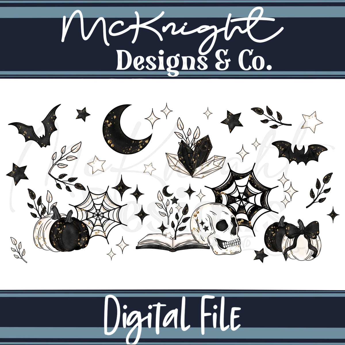 Spooky Bookish 16oz Glass Can Wrap PNG | Gothic Witchy Academia | Halloween Bats, Skulls & Books McKnight Designs & Co 16 Oz Can Wrap