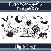 Spooky Bookish 16oz Glass Can Wrap PNG | Gothic Witchy Academia | Halloween Bats, Skulls & Books McKnight Designs & Co 16 Oz Can Wrap