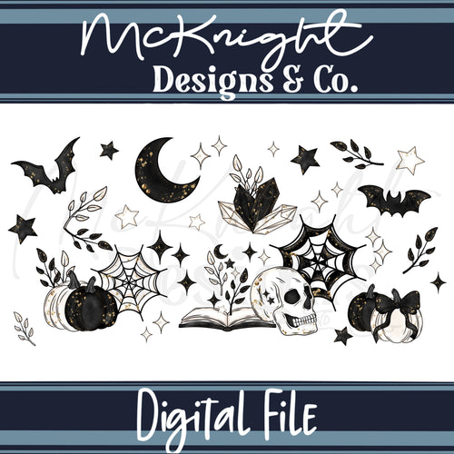 Spooky Bookish 16oz Glass Can Wrap PNG | Gothic Witchy Academia | Halloween Bats, Skulls & Books McKnight Designs & Co 16 Oz Can Wrap
