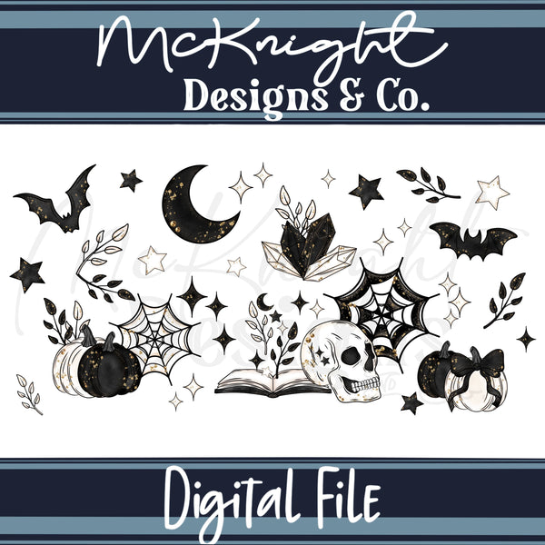 Spooky Bookish 16oz Glass Can Wrap PNG | Gothic Witchy Academia | Halloween Bats, Skulls & Books McKnight Designs & Co 16 Oz Can Wrap