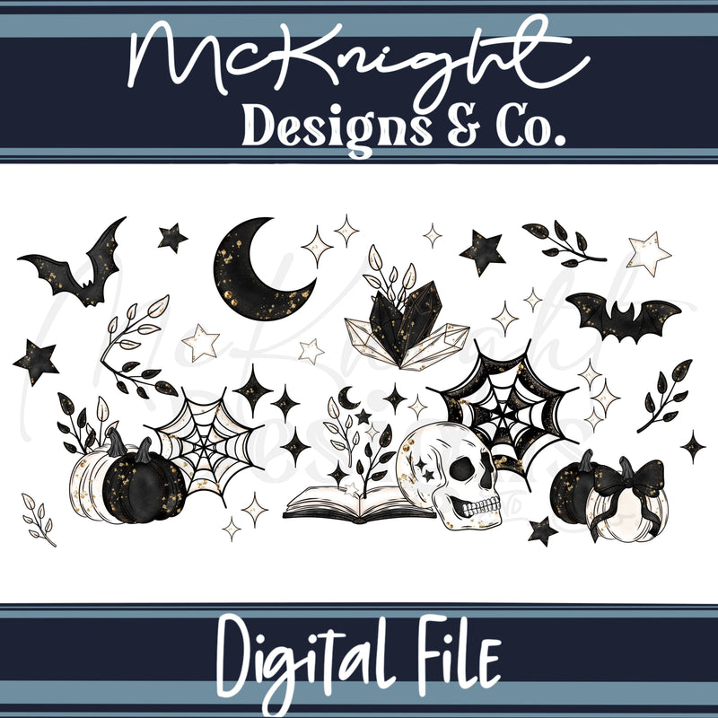 Spooky Bookish 16oz Glass Can Wrap PNG | Gothic Witchy Academia | Halloween Bats, Skulls & Books McKnight Designs & Co 16 Oz Can Wrap
