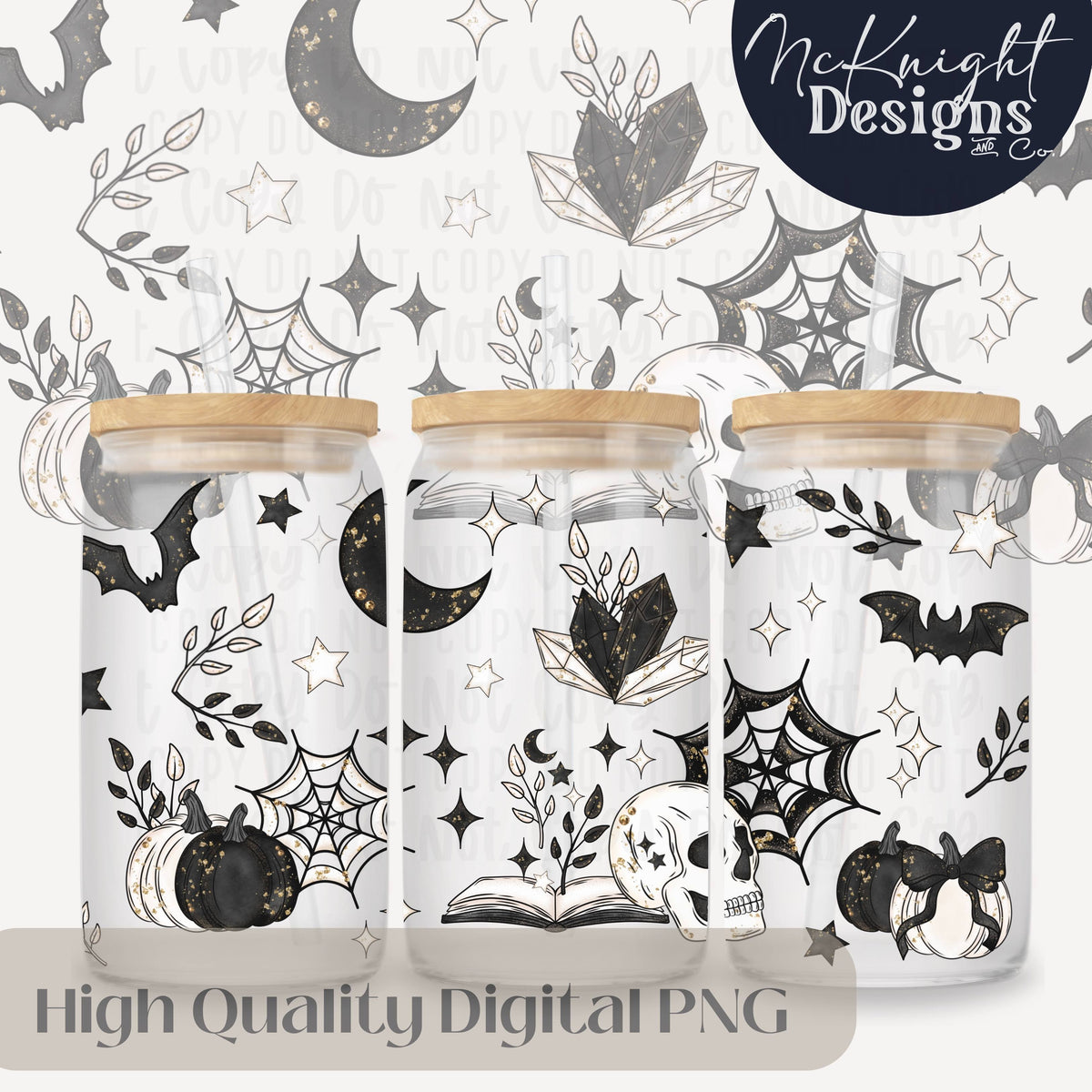 Spooky Bookish 16oz Glass Can Wrap PNG | Gothic Witchy Academia | Halloween Bats, Skulls & Books McKnight Designs & Co 16 Oz Can Wrap