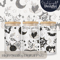 Spooky Bookish 16oz Glass Can Wrap PNG | Gothic Witchy Academia | Halloween Bats, Skulls & Books McKnight Designs & Co 16 Oz Can Wrap