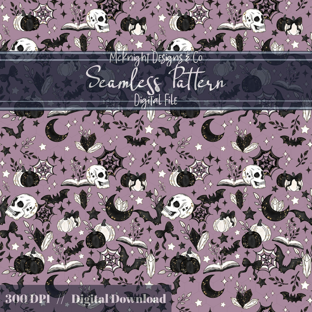 Spooky Bookish Seamless Pattern – Gothic Halloween PNG File (6 Variants) McKnight Designs & Co Seamless Pattern File