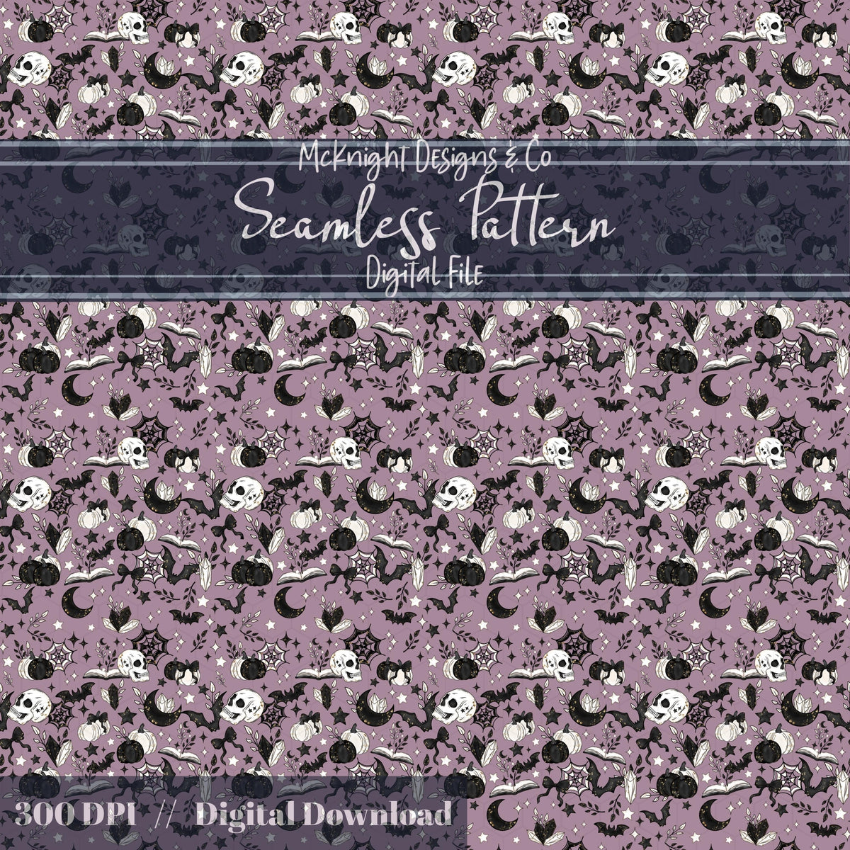 Spooky Bookish Seamless Pattern – Gothic Halloween PNG File (6 Variants) McKnight Designs & Co Seamless Pattern File