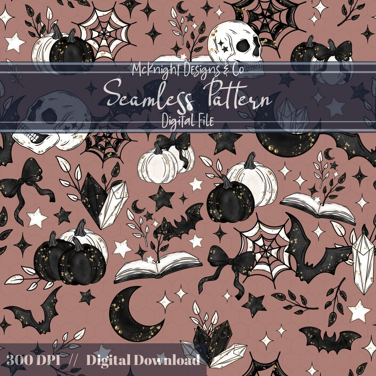 Spooky Bookish Seamless Pattern – Gothic Halloween PNG File (6 Variants) McKnight Designs & Co Seamless Pattern File