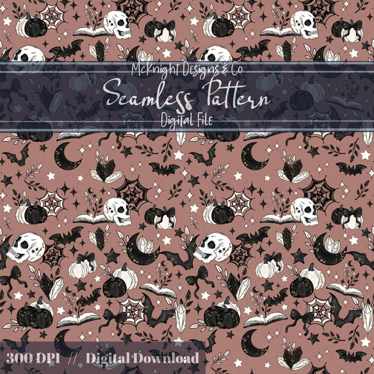 Spooky Bookish Seamless Pattern – Gothic Halloween PNG File (6 Variants) McKnight Designs & Co Seamless Pattern File