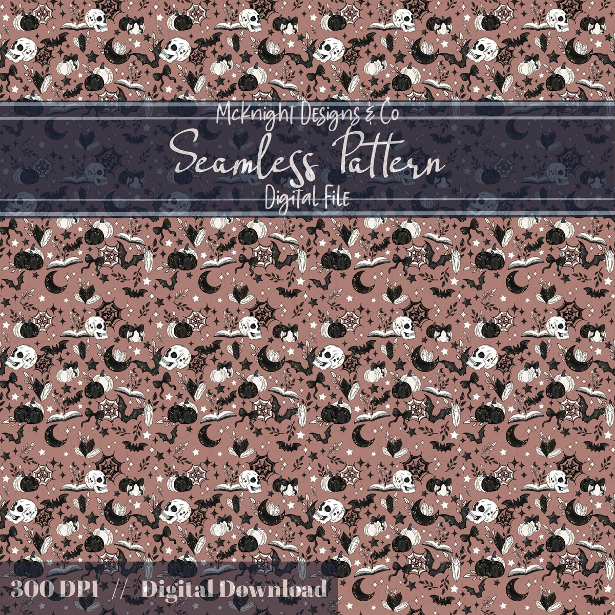 Spooky Bookish Seamless Pattern – Gothic Halloween PNG File (6 Variants) McKnight Designs & Co Seamless Pattern File