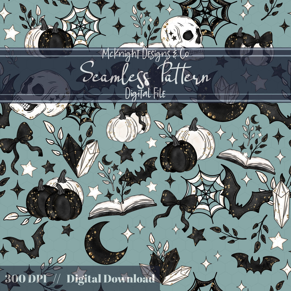 Spooky Bookish Seamless Pattern – Gothic Halloween PNG File (6 Variants) McKnight Designs & Co Seamless Pattern File