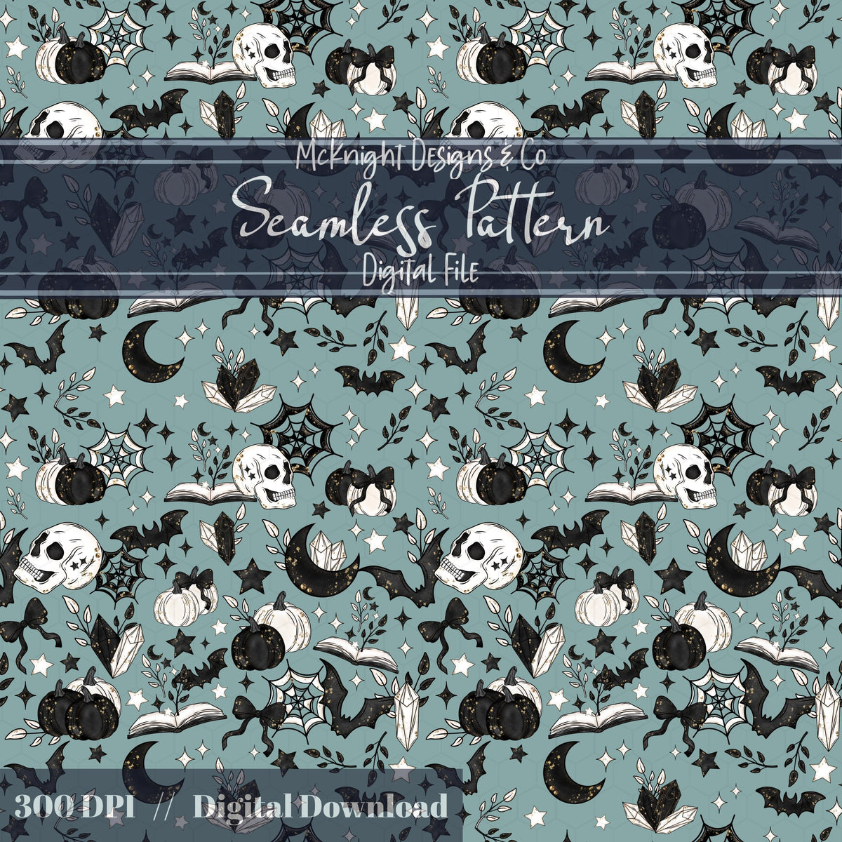 Spooky Bookish Seamless Pattern – Gothic Halloween PNG File (6 Variants) McKnight Designs & Co Seamless Pattern File