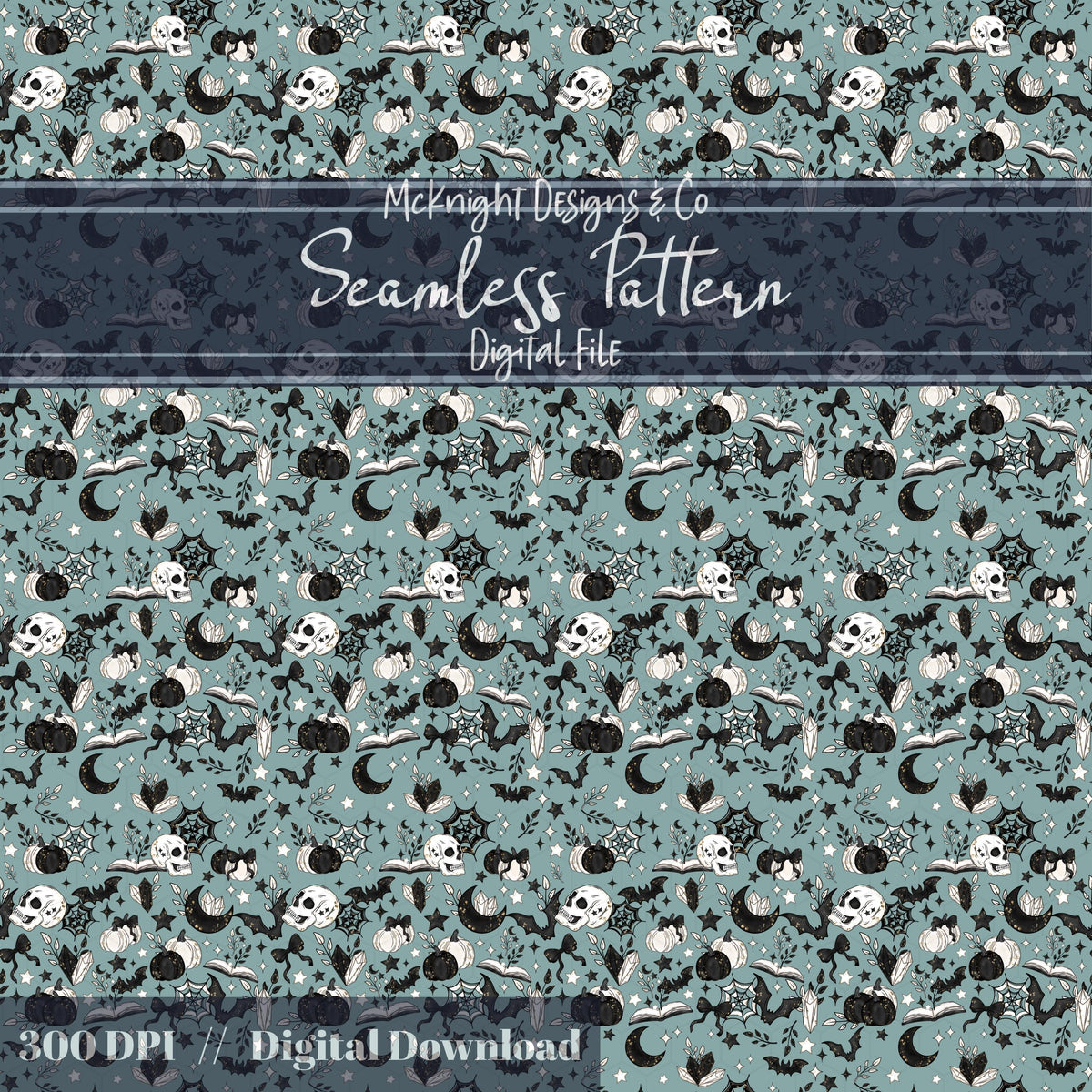 Spooky Bookish Seamless Pattern – Gothic Halloween PNG File (6 Variants) McKnight Designs & Co Seamless Pattern File