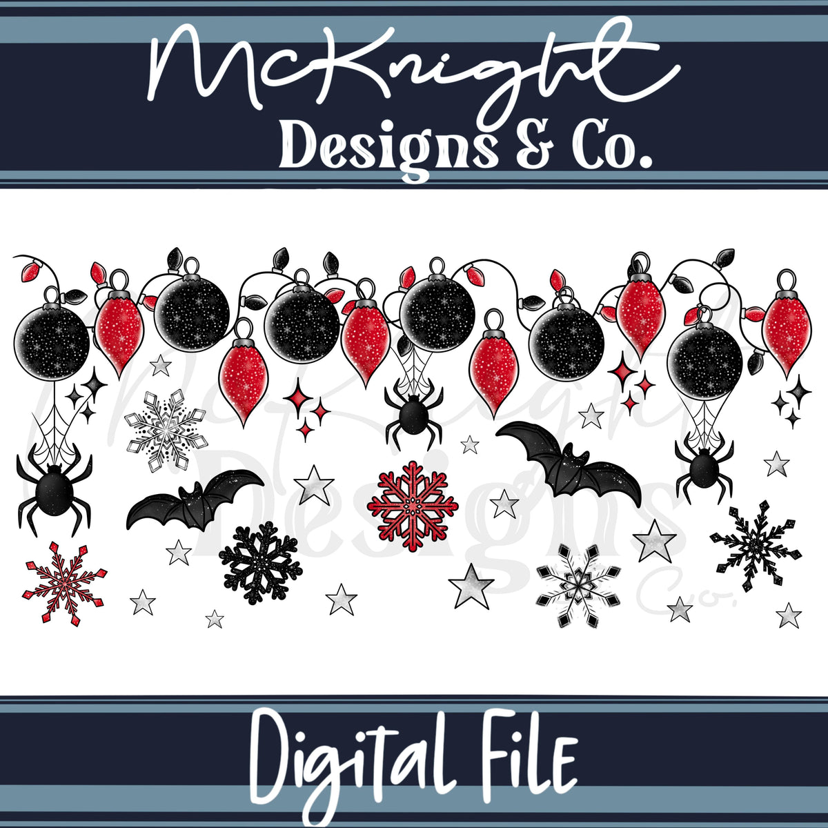 Spooky Christmas Glass Can Wrap 16oz PNG – Creepmas Spookmas  – Gothic Holiday Lights & Bats McKnight Designs & Co 16 Oz Can Wrap