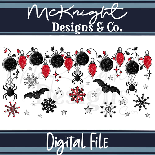 Spooky Christmas Glass Can Wrap 16oz PNG – Creepmas Spookmas  – Gothic Holiday Lights & Bats McKnight Designs & Co 16 Oz Can Wrap