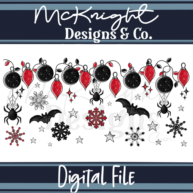 Spooky Christmas Glass Can Wrap 16oz PNG – Creepmas Spookmas  – Gothic Holiday Lights & Bats McKnight Designs & Co 16 Oz Can Wrap
