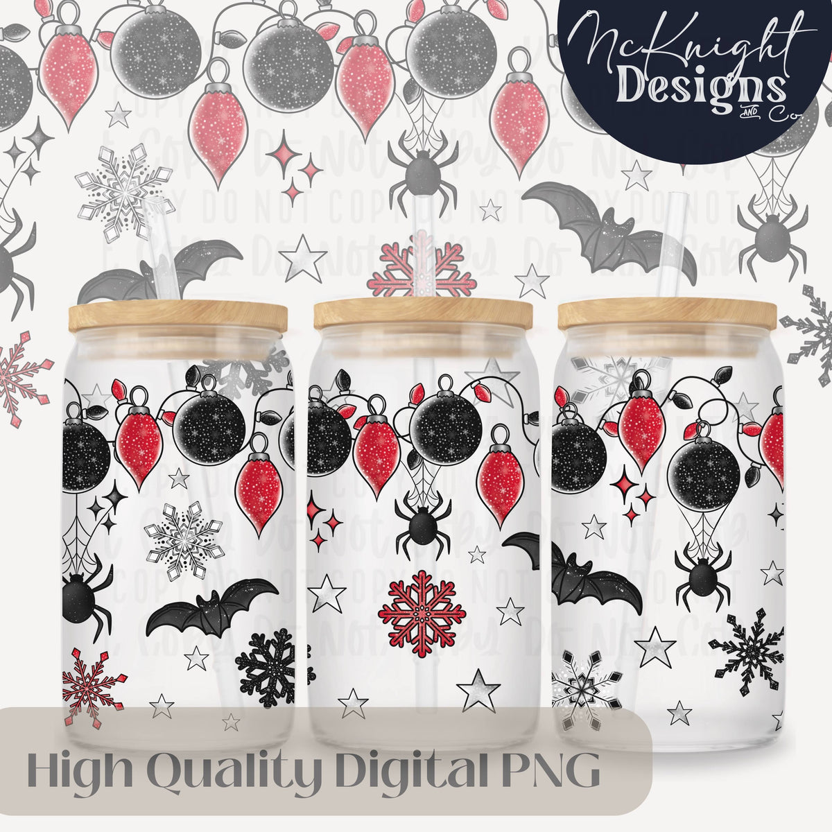 Spooky Christmas Glass Can Wrap 16oz PNG – Creepmas Spookmas  – Gothic Holiday Lights & Bats McKnight Designs & Co 16 Oz Can Wrap