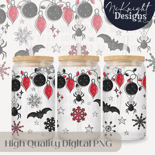 Spooky Christmas Glass Can Wrap 16oz PNG – Creepmas Spookmas  – Gothic Holiday Lights & Bats McKnight Designs & Co 16 Oz Can Wrap