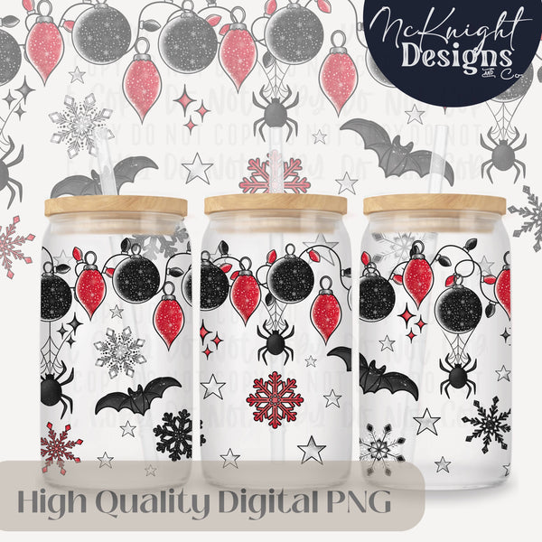 Spooky Christmas Glass Can Wrap 16oz PNG – Creepmas Spookmas  – Gothic Holiday Lights & Bats McKnight Designs & Co 16 Oz Can Wrap