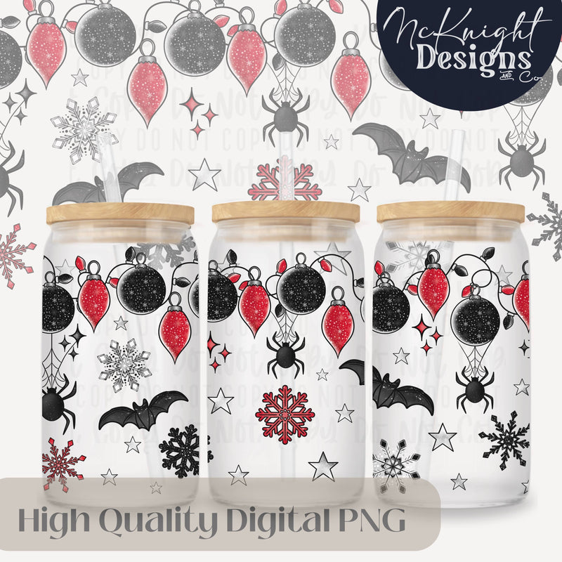 Spooky Christmas Glass Can Wrap 16oz PNG – Creepmas Spookmas  – Gothic Holiday Lights & Bats McKnight Designs & Co 16 Oz Can Wrap
