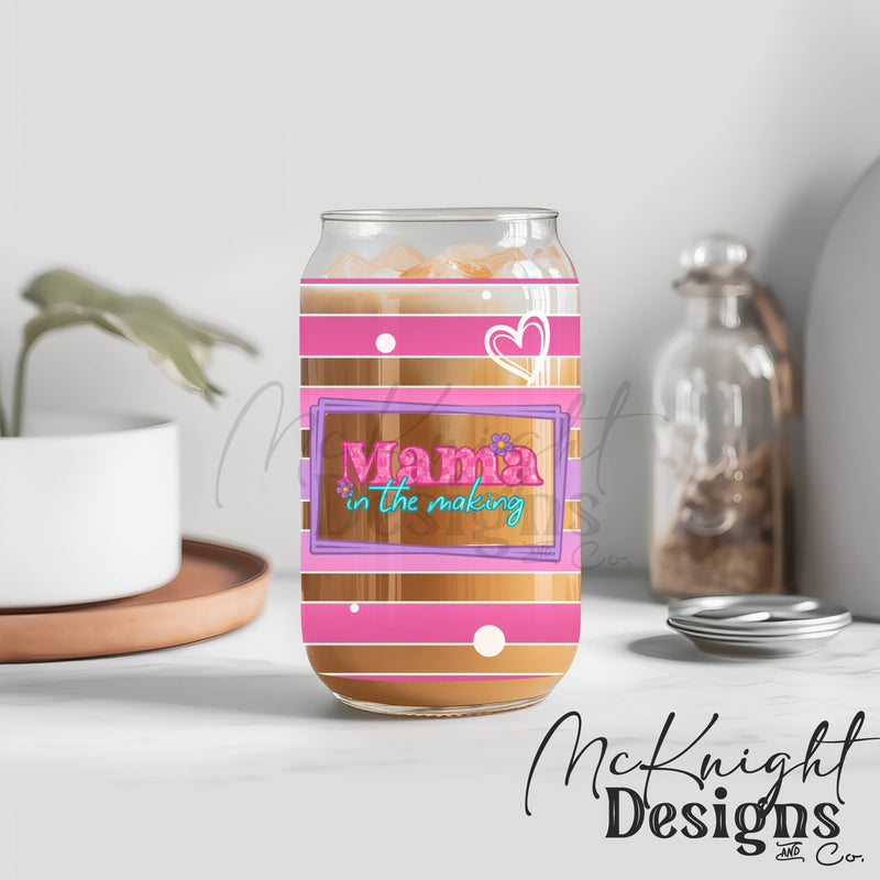 Mama in the Making 16oz Glass Can Wrap PNG – Pink Striped Pregnancy Design McKnight Designs & Co 16 Oz Can Wrap