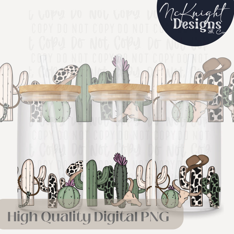 Western Cactus 16oz Glass Can Wrap PNG | Cowboy Ranch Desert Cacti Border McKnight Designs & Co 16 Oz Can Wrap