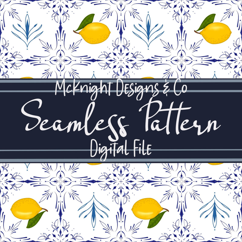 Amalfi Lemon Seamless Pattern – Blue Tile Citrus Design, Mediterranean Summer Print McKnight Designs & Co Seamless Pattern File