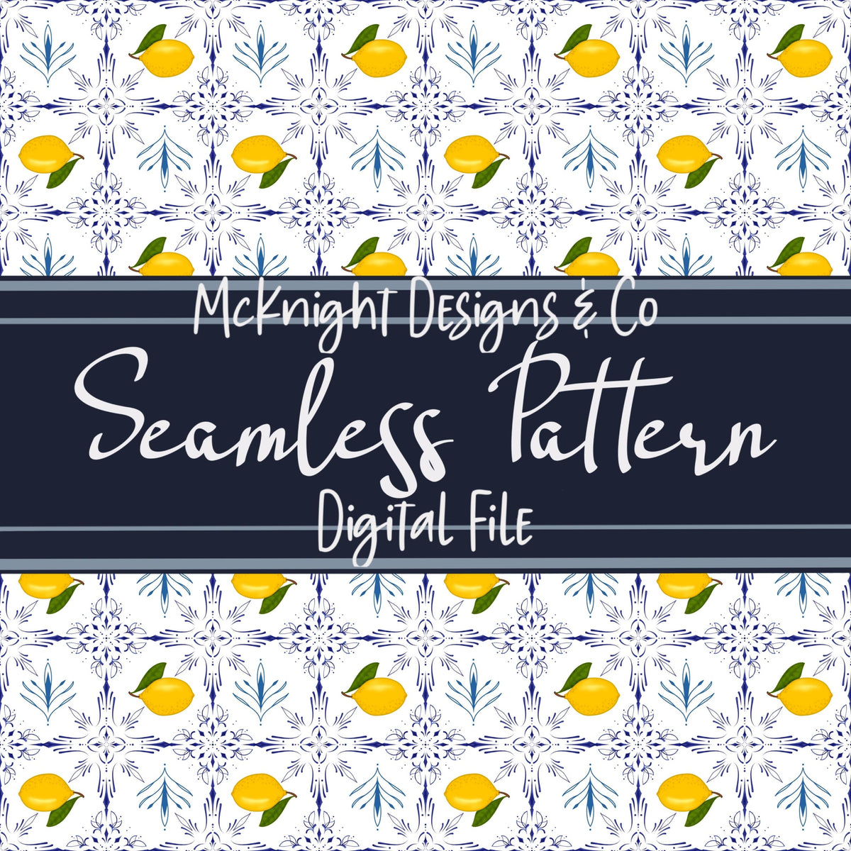 Amalfi Lemon Seamless Pattern – Blue Tile Citrus Design, Mediterranean Summer Print McKnight Designs & Co Seamless Pattern File