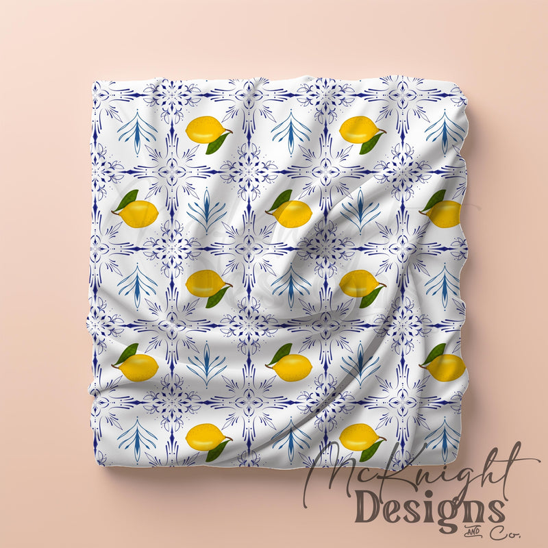 Amalfi Lemon Seamless Pattern – Blue Tile Citrus Design, Mediterranean Summer Print McKnight Designs & Co Seamless Pattern File