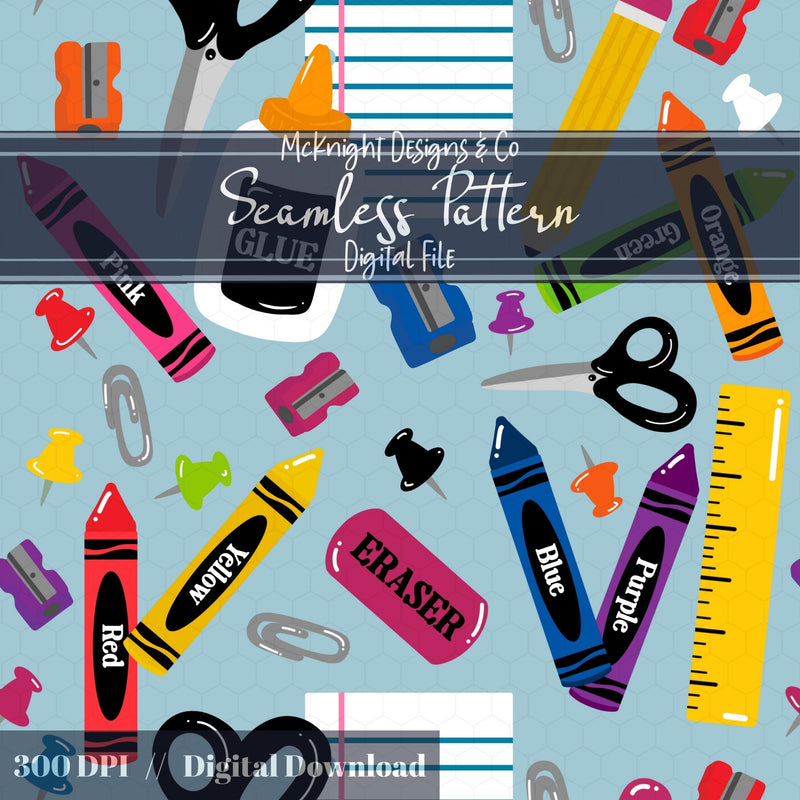 Back to School Seamless Pattern Bundle – Crayons, Glue, Scissors, Supplies McKnight Designs & Co Seamless Pattern File Blue