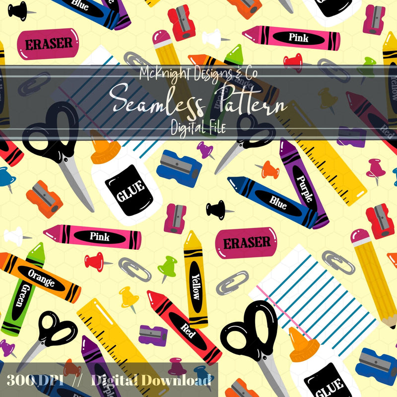 Back to School Seamless Pattern Bundle – Crayons, Glue, Scissors, Supplies McKnight Designs & Co Seamless Pattern File Yellow