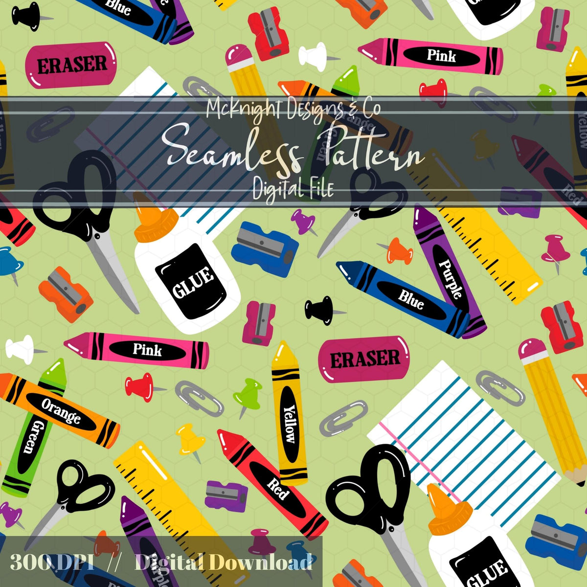 Back to School Seamless Pattern Bundle – Crayons, Glue, Scissors, Supplies McKnight Designs & Co Seamless Pattern File Green