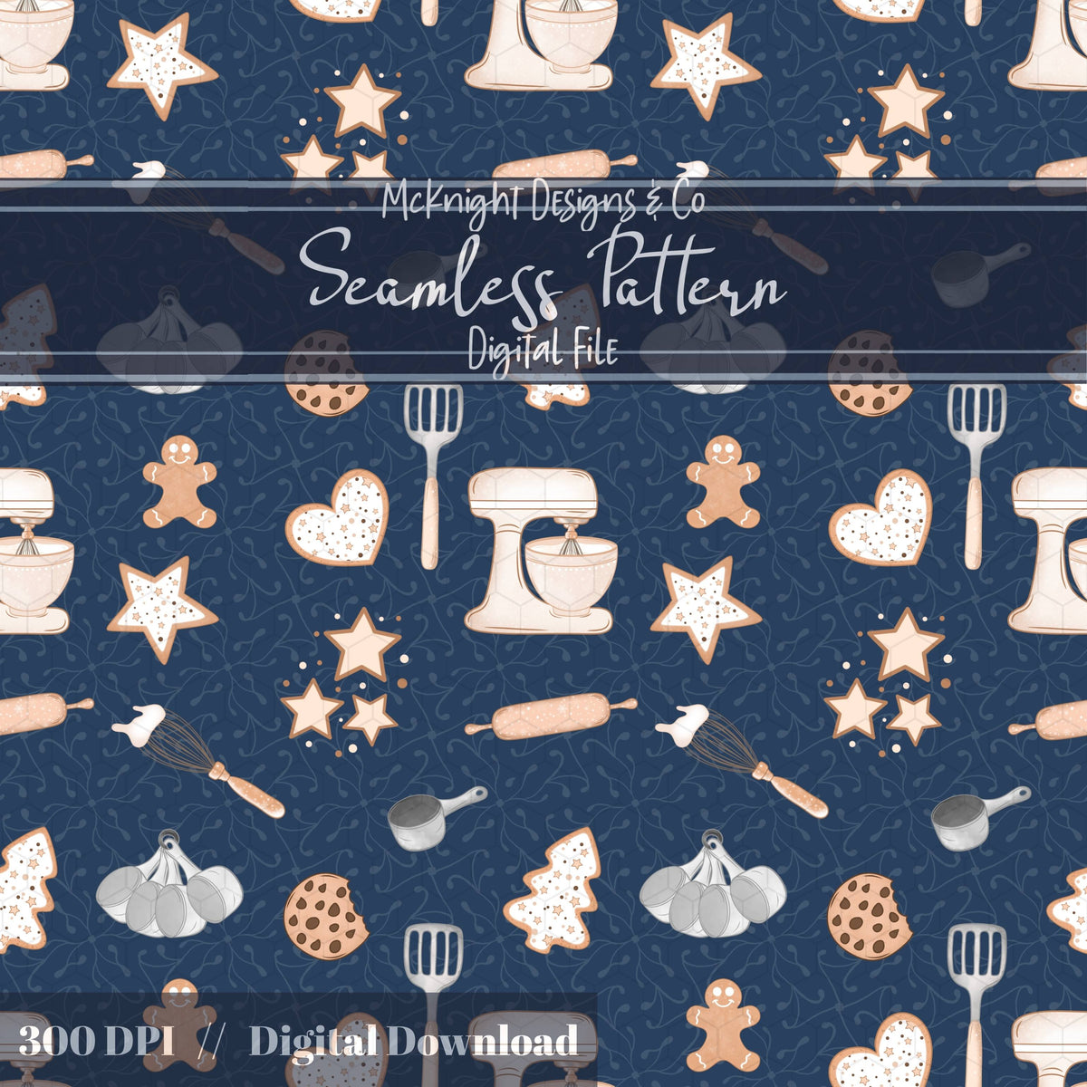 Holiday Baking Seamless Pattern PNG – Gingerbread, Cookies & Cozy Kitchen Tools McKnight Designs & Co Seamless Pattern File