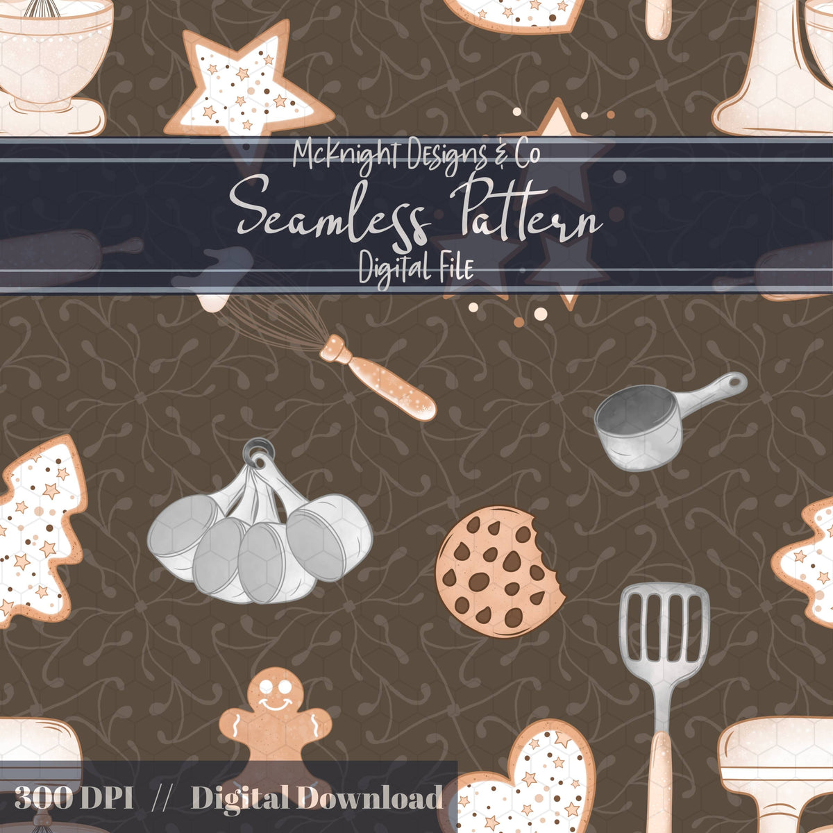 Holiday Baking Seamless Pattern PNG – Gingerbread, Cookies & Cozy Kitchen Tools McKnight Designs & Co Seamless Pattern File