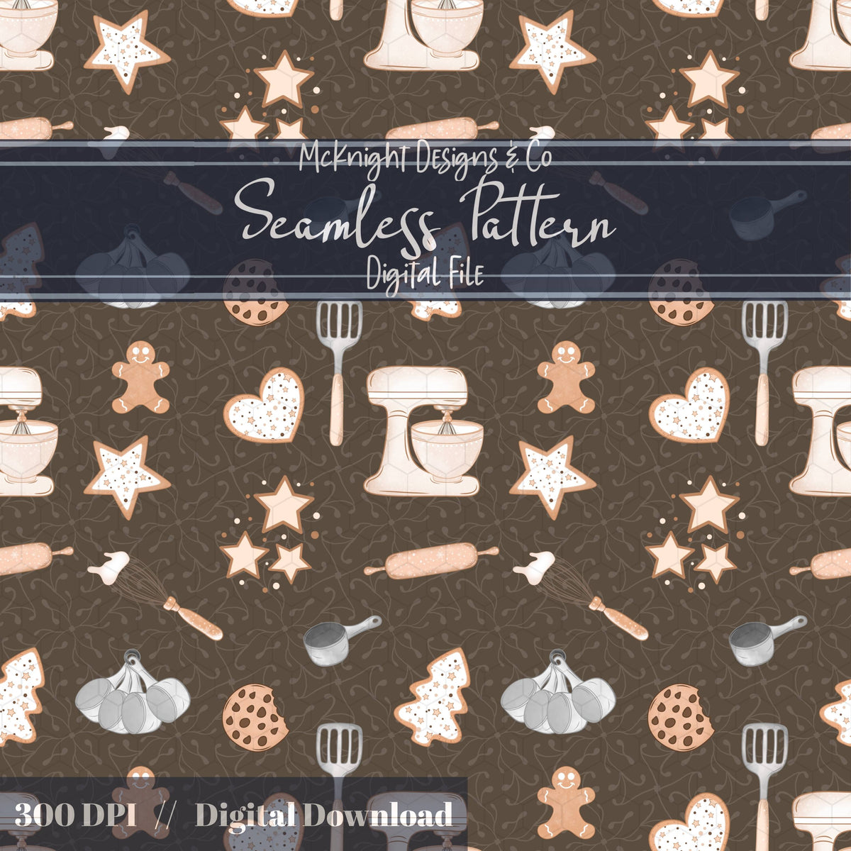 Holiday Baking Seamless Pattern PNG – Gingerbread, Cookies & Cozy Kitchen Tools McKnight Designs & Co Seamless Pattern File