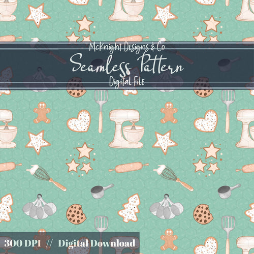 Holiday Baking Seamless Pattern PNG – Gingerbread, Cookies & Cozy Kitchen Tools McKnight Designs & Co Seamless Pattern File