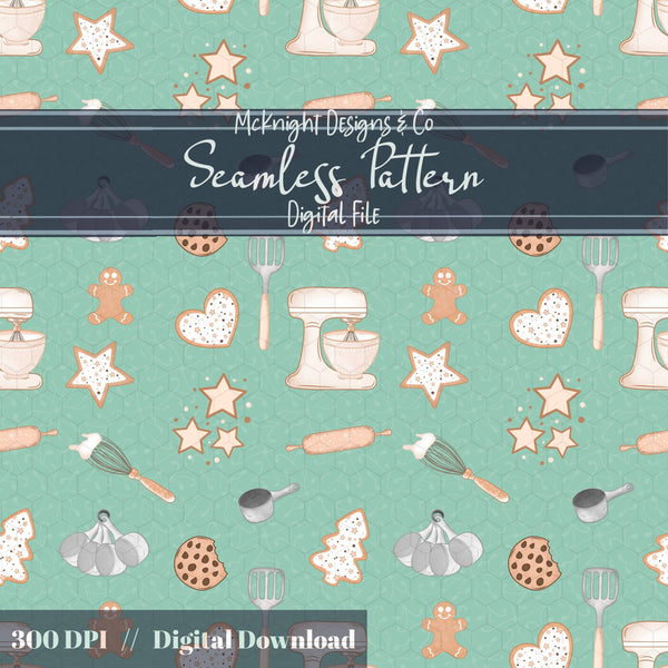 Holiday Baking Seamless Pattern PNG – Gingerbread, Cookies & Cozy Kitchen Tools McKnight Designs & Co Seamless Pattern File