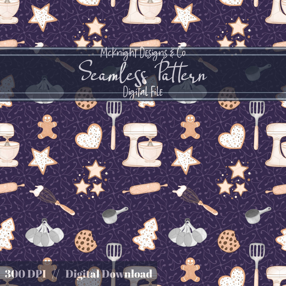 Holiday Baking Seamless Pattern PNG – Gingerbread, Cookies & Cozy Kitchen Tools McKnight Designs & Co Seamless Pattern File