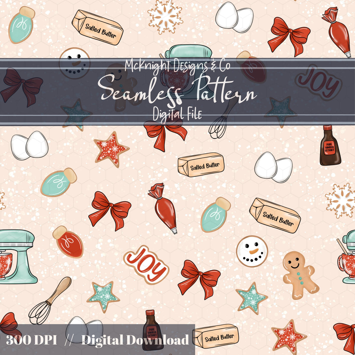 Holiday Baking Seamless Pattern Bundle – Christmas Cookies, Baking Tools, Gingerbread, Retro Kitchen McKnight Designs & Co Seamless Pattern File Cream