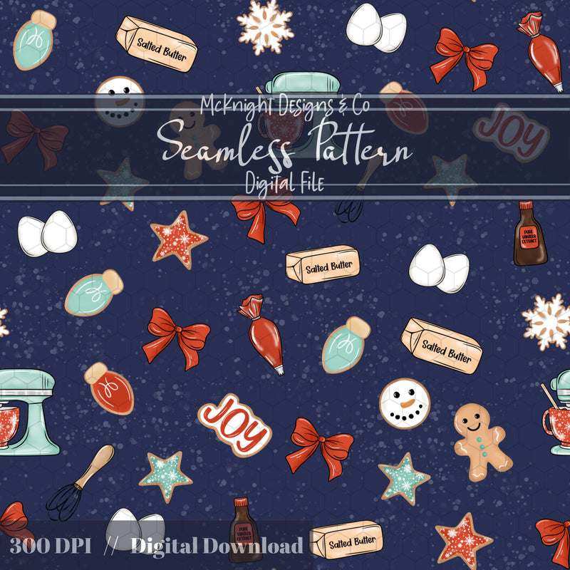 Holiday Baking Seamless Pattern Bundle – Christmas Cookies, Baking Tools, Gingerbread, Retro Kitchen McKnight Designs & Co Seamless Pattern File Blue