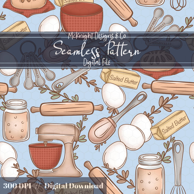 Baking & Sourdough Seamless Pattern – Cottagecore Kitchen Mixer, Butter, Rolling Pin McKnight Designs & Co Seamless Pattern File