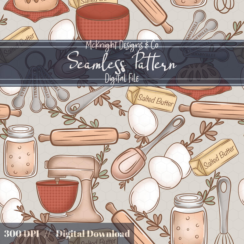 Baking & Sourdough Seamless Pattern – Cottagecore Kitchen Mixer, Butter, Rolling Pin McKnight Designs & Co Seamless Pattern File