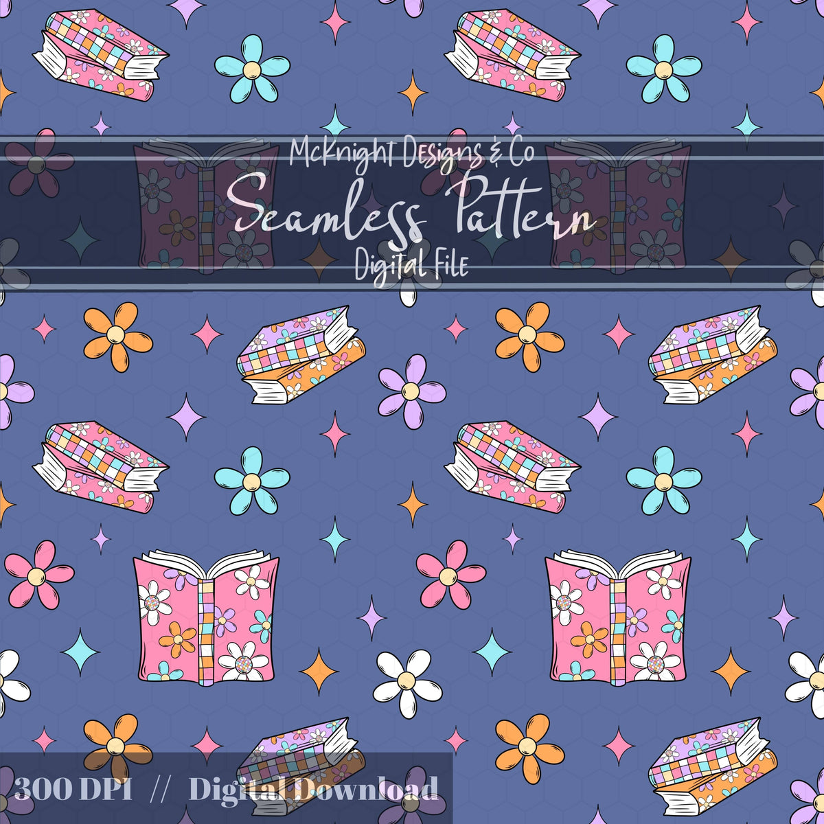 Bookish Daisy Seamless Pattern – Retro 90s Floral Book Lover Design McKnight Designs & Co Seamless Pattern File