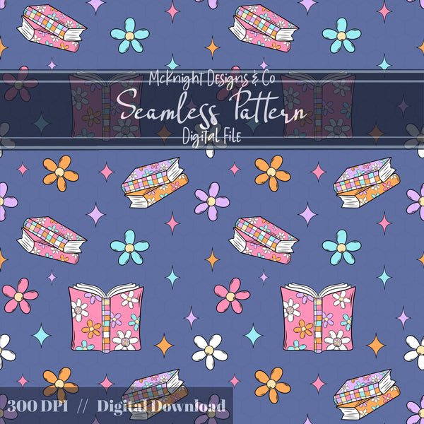 Bookish Daisy Seamless Pattern – Retro 90s Floral Book Lover Design McKnight Designs & Co Seamless Pattern File