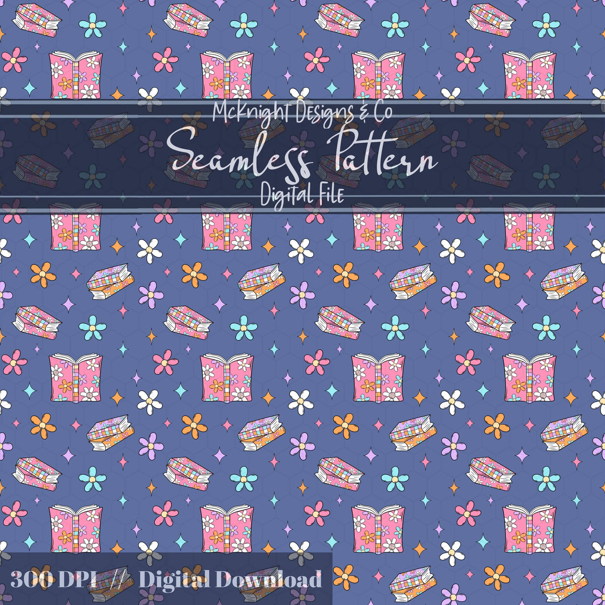 Bookish Daisy Seamless Pattern – Retro 90s Floral Book Lover Design McKnight Designs & Co Seamless Pattern File