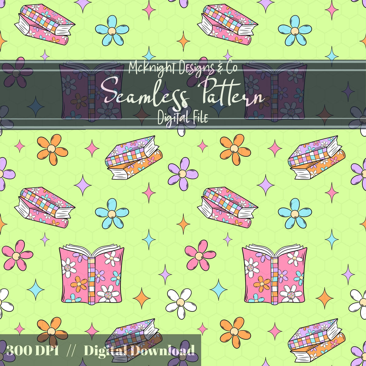 Bookish Daisy Seamless Pattern – Retro 90s Floral Book Lover Design McKnight Designs & Co Seamless Pattern File