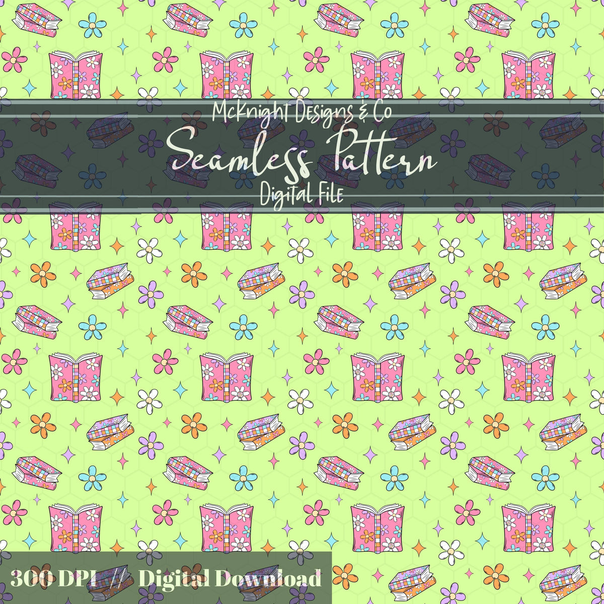 Bookish Daisy Seamless Pattern – Retro 90s Floral Book Lover Design McKnight Designs & Co Seamless Pattern File