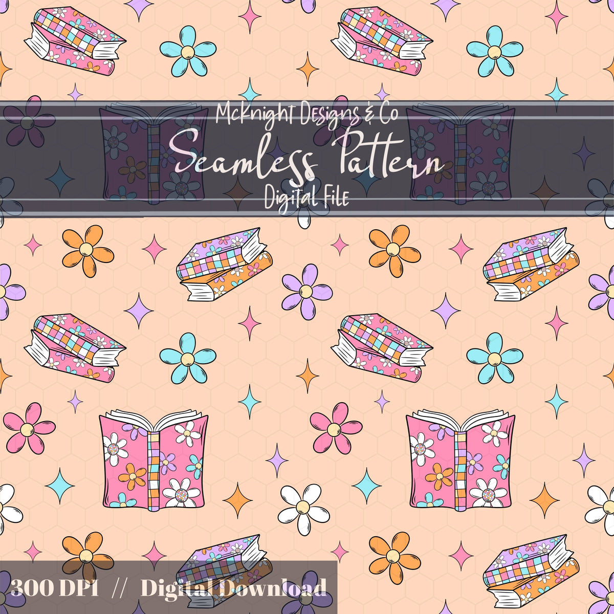 Bookish Daisy Seamless Pattern – Retro 90s Floral Book Lover Design McKnight Designs & Co Seamless Pattern File