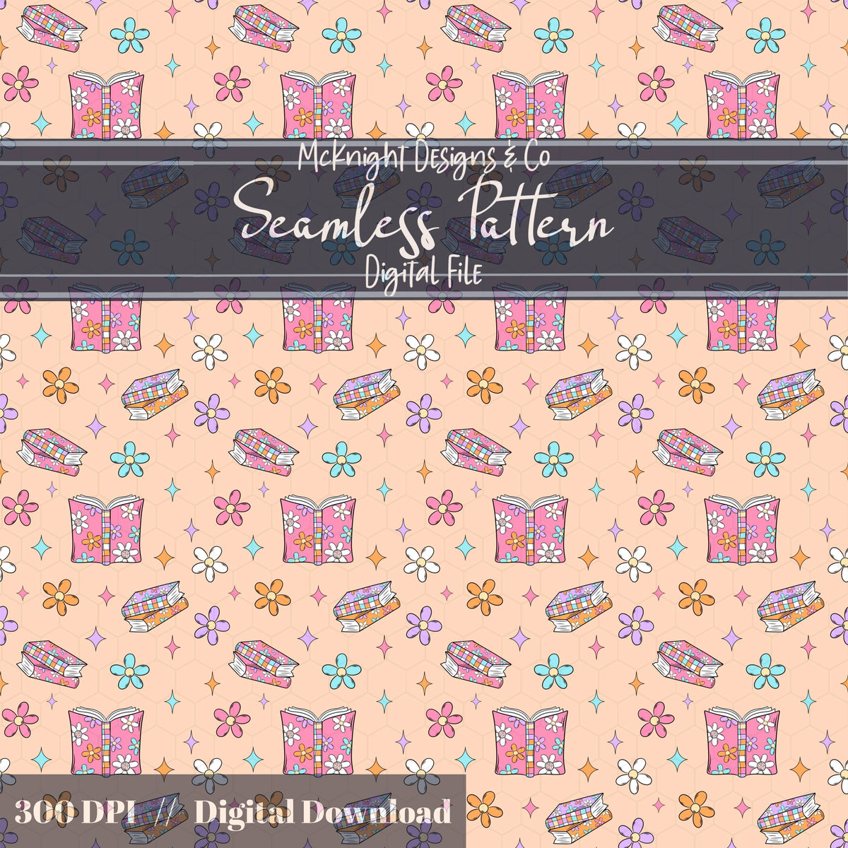 Bookish Daisy Seamless Pattern – Retro 90s Floral Book Lover Design McKnight Designs & Co Seamless Pattern File