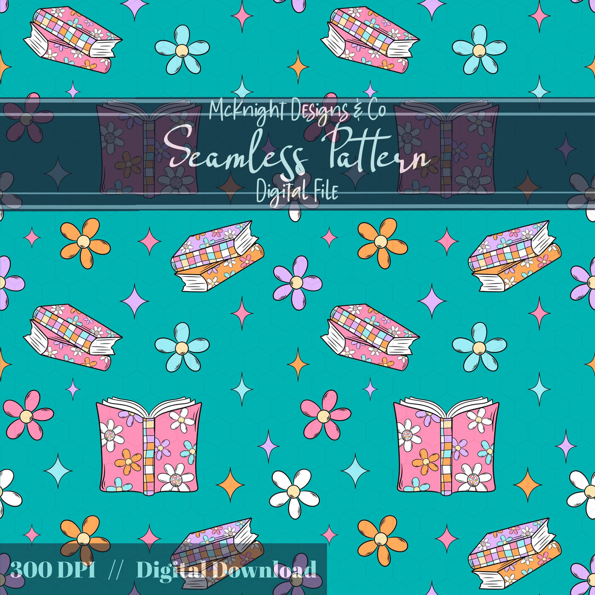 Bookish Daisy Seamless Pattern – Retro 90s Floral Book Lover Design McKnight Designs & Co Seamless Pattern File